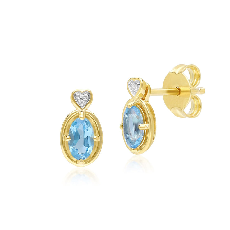 Boucles d'oreilles clou en forme de cœur avec topaze ovale et diamants classiques en or jaune 9 carats