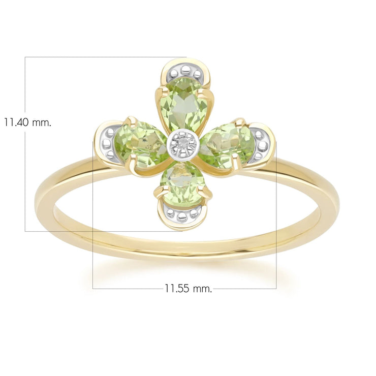 Bague Floral avec Péridot & Diamant en Or Jaune 9ct