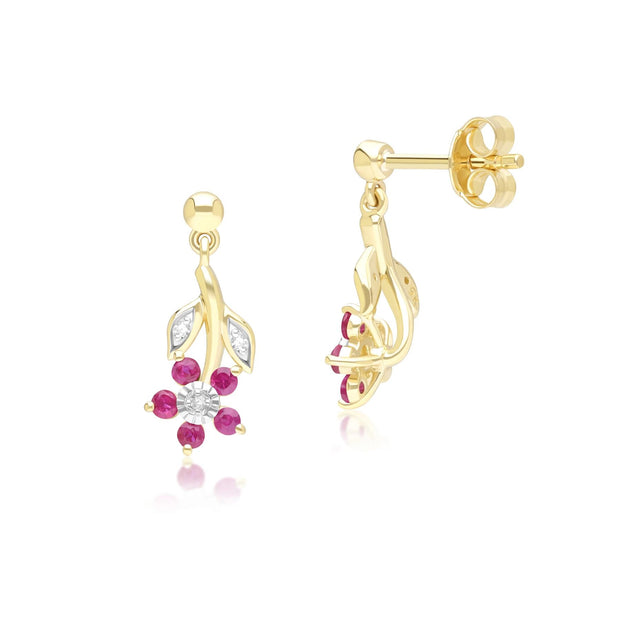 Boucles d'Oreilles Pendantes Floral avec Rubis & Diamant en Or Jaune 9ct