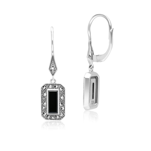 Boucles d'Oreilles Pendantes Style Art Déco Rectangulaire en Argent Sterling avec Onyx et Marcassite