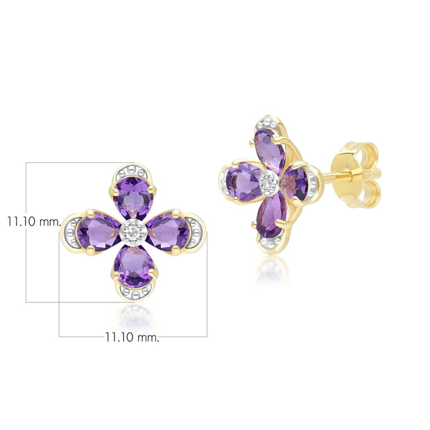 Boucles d'Oreilles Clou Floral avec Améthyste & Diamant en Or Jaune 9ct