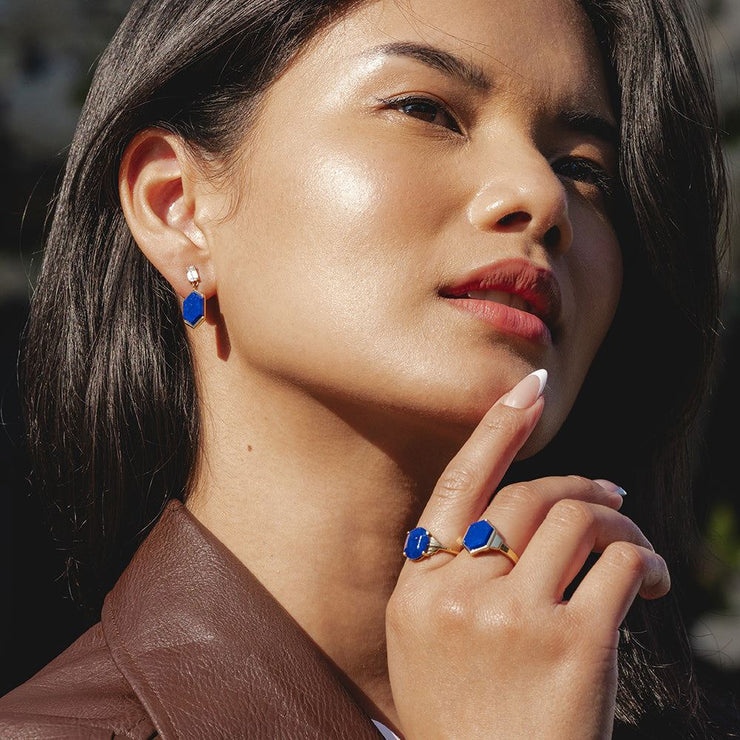Boucles d'oreilles pendantes Grand Deco Hexagon en lapis-lazuli et topaze en vermeil doré