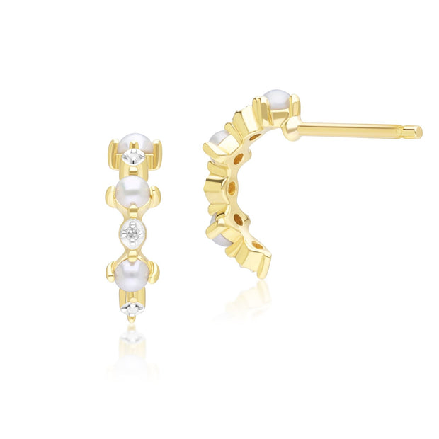 Boucles d'Oreilles Eternité Demi-Créoles Classique en Or Jaune 9ct avec Perle et Diamant