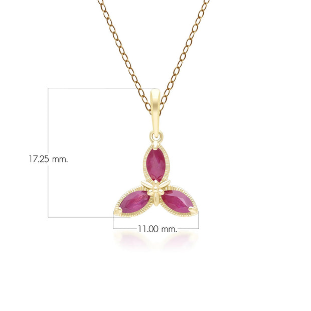 Pendentif Floral avec Rubis Marquise en Or Jaune 9ct