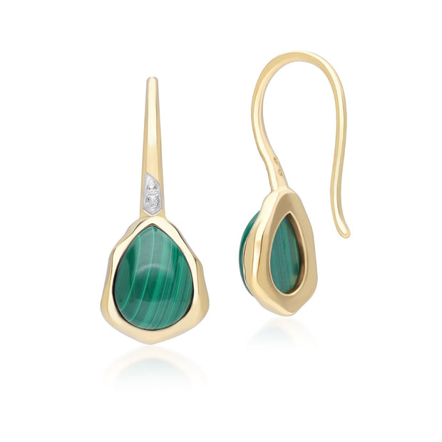 Boucles d'Oreilles Pendantes Irrégulier en Argent Sterling Doré à l'Or Fin avec Malachite et Topaze