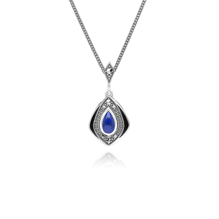 Pendentif Style Art Déco Losange en Argent Sterling avec Lapis Lazuli et Marcassite