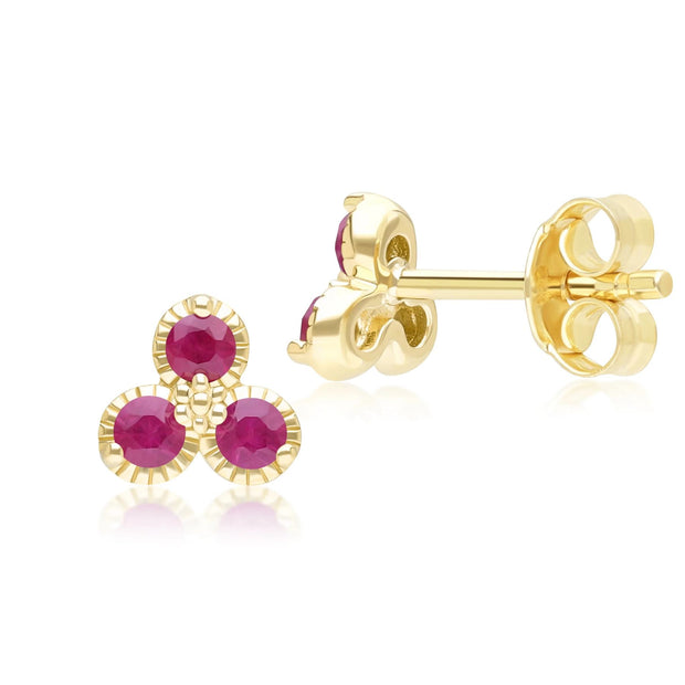 Boucles d'Oreilles Clou Floral avec Trois Rubis en Or jaune 9 carats