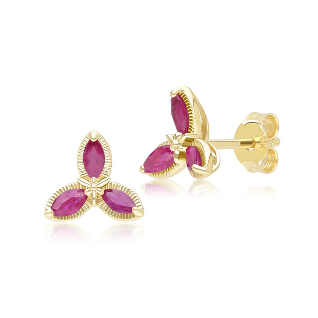 Boucles d'Oreilles Clou Floral avec Rubis Marquise en Or Jaune 9ct