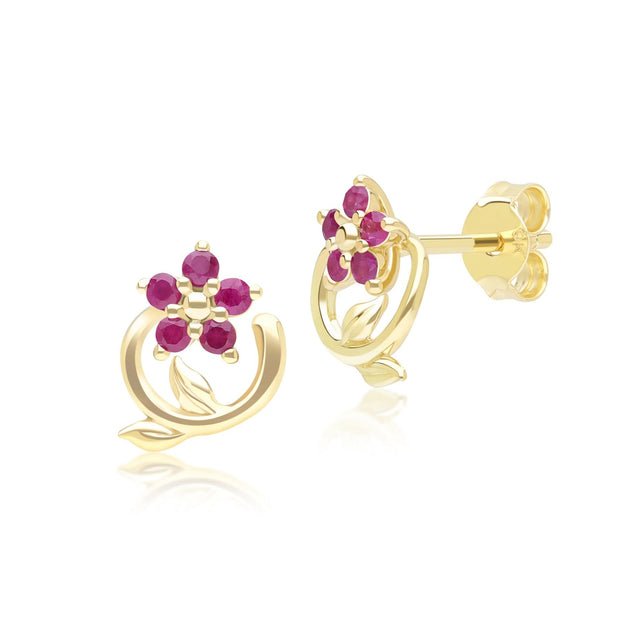 Boucles d'Oreilles Clou Floral Vigne avec Rubis en Or Jaune 9ct