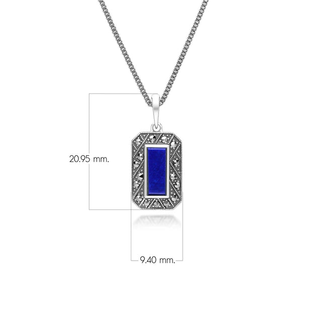 Pendentif Style Art Déco Rectangulaire en Argent Sterling avec Lapis Lazuli et Marcassite