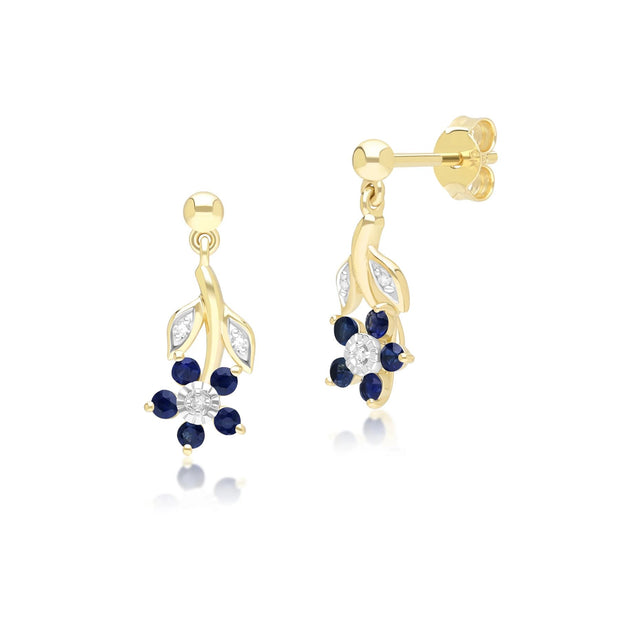 Boucles d'Oreilles Pendantes Floral avec Saphirs & Diamant en Or Jaune 9ct