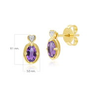 Boucles d'oreilles clou en forme de cœur ovale classique avec améthyste et diamant en or jaune 9 carats