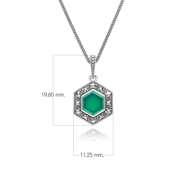 Pendentif Style Art Déco en Argent Sterling 925 avec Calcédoine Hexagone et Marcassite