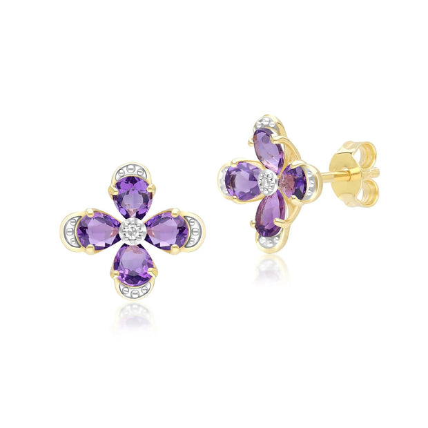 Boucles d'Oreilles Clou Floral avec Améthyste & Diamant en Or Jaune 9ct