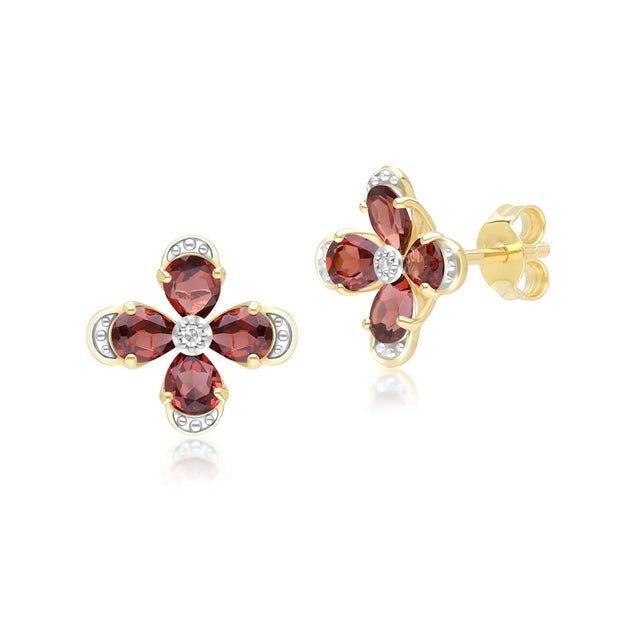 Boucles d'Oreilles Clou Floral avec Grenat & Diamant en Or Jaune 9ct