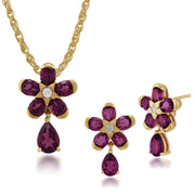 Pendentif et Boucles d'Oreilles Clou Floral Argent 925 Plaqué Or Rhodolite Poire et Diamant