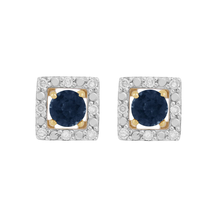 Boucles d'Oreilles Clou Saphir Bleu Classique Or Jaune 375 et Ear-Jacket Carré Diamant