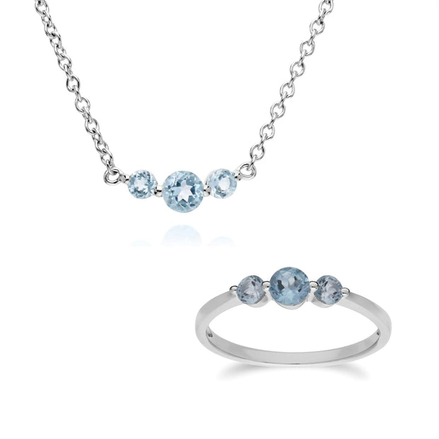 Collier et Bague Classique Argent 925 Topaze Bleue Trois Pierres