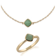 Bague Solitaire et Bracelet Classique Or Jaune 375 Jade Verte Coussin Sertie Clos