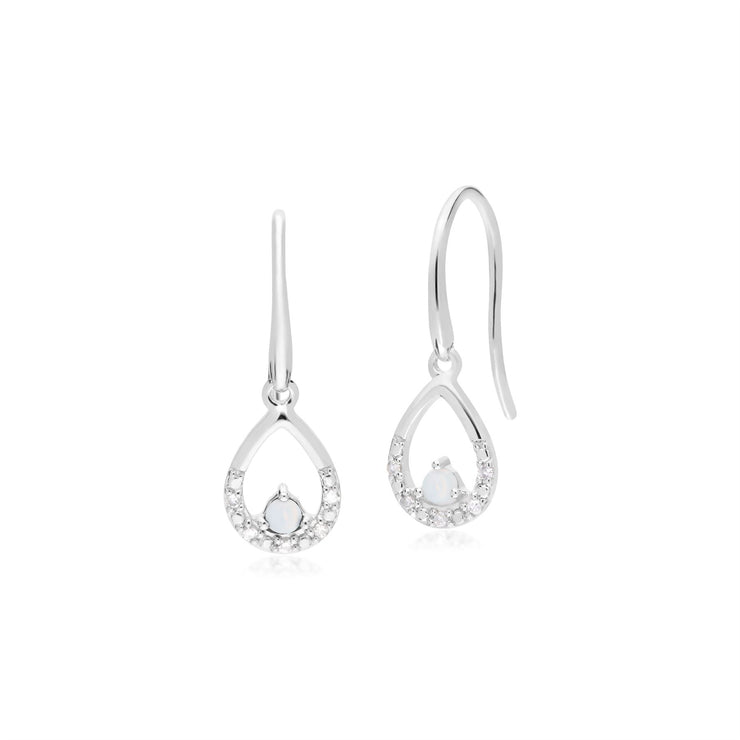 Boucles d'Oreilles Pendantes et Pendentif Porie Classique Or Blanc 375 Opale Ronde et Diamant