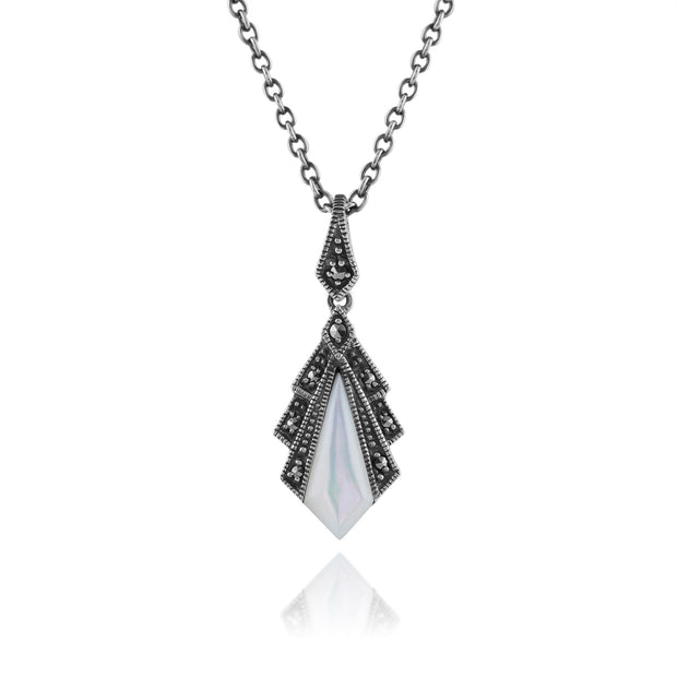 Collier et Boucles d'Oreilles Eventail Pendantes Style Art Déco Argent 925 Nacre et Marcassite