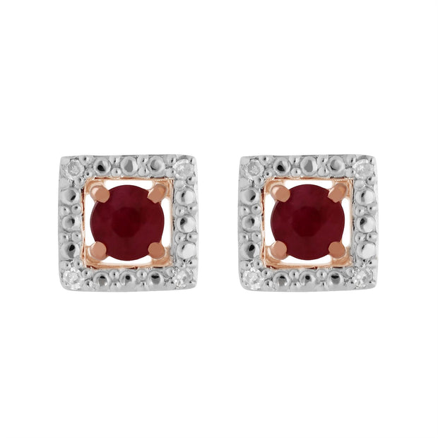 Boucles d'Oreilles Clou Rubis Classique Or Rose 375 et Ear-Jacket Carré Diamant