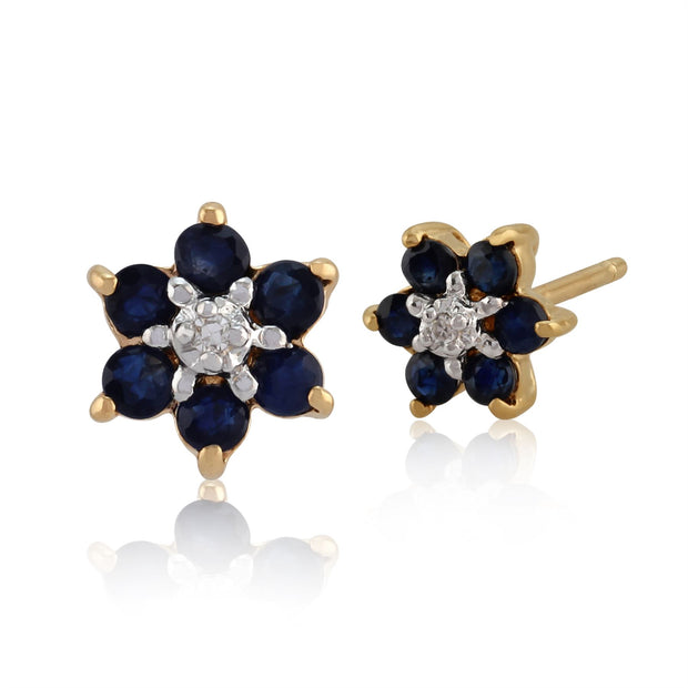 Boucles d'Oreilles Clou Classique Or Jaune 375 Saphir Rond et Diamant style Cluster