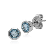 Pendentif et Boucles d'Oreilles Clou Géométrique Argent 925 Topaze Bleue Octogonal