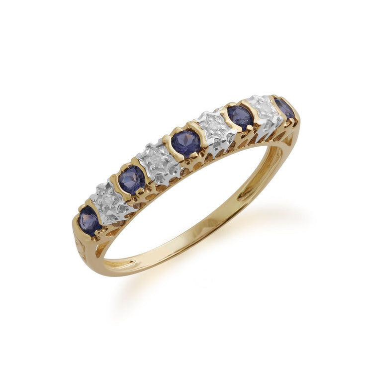 Bague Demi Eternité et Boucles d'Oreilles Demi-Créoles Or Jaune 375 Iolite et Diamant