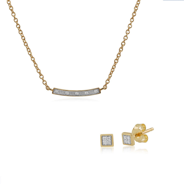 Collier et Boucles d'Oreilles Clou Carré Minimaliste Or Jaune 375 Diamant