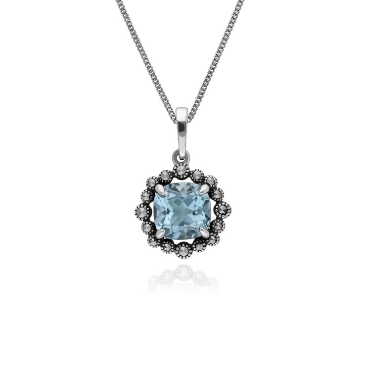 Pendentif et Boucles d'Oreilles Pendantes Style Art Déco Argent 925 Topaze Bleue Coussin et Marcassite