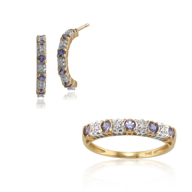 Boucles d'Oreilles Demi-Créoles et Bague Demi-Eternité Classique Or Jaune 375 Tanzanite Ronde et Diamant