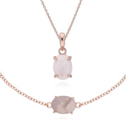 Pendentif et Bracelet Classique Argent 925 Plaqué Or Rose Quartz Rose Oval