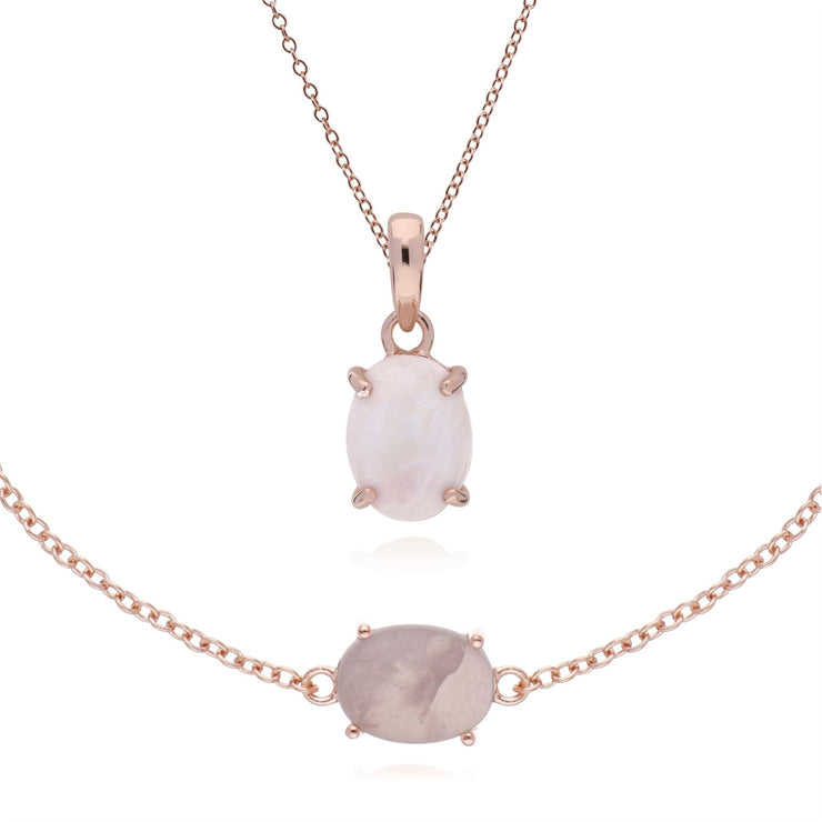 Pendentif et Bracelet Classique Argent 925 Plaqué Or Rose Quartz Rose Oval