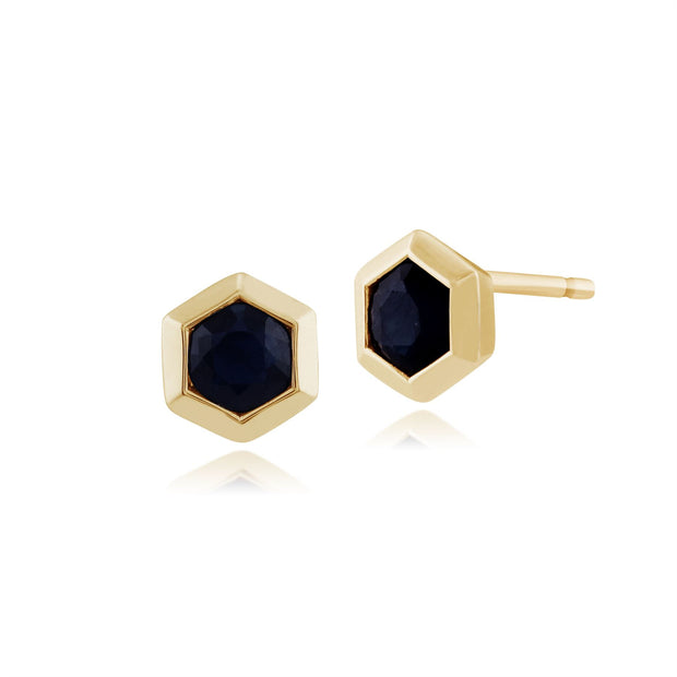 Boucles d'Oreilles Clou Géométrique Or Jaune 375 Saphir Hexagonal serti clos