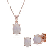 Pendentif et Boucles d'Oreilles Clou Classique Argent 925 Plaqué Or Rose Pierre de Lune Arc-en-Ciel Oval
