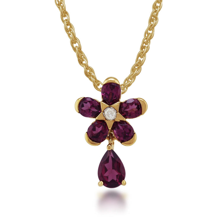 Pendentif et Boucles d'Oreilles Clou Floral Argent 925 Plaqué Or Rhodolite Poire et Diamant