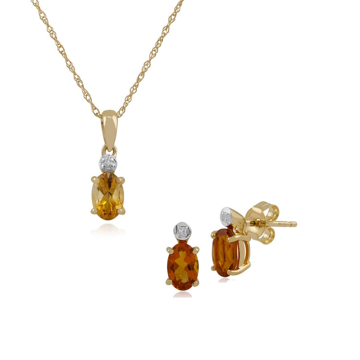 Pendentif et Boucles d'Oreilles Clou Classique Or Jaune 375 Citrine Ovale et Diamant