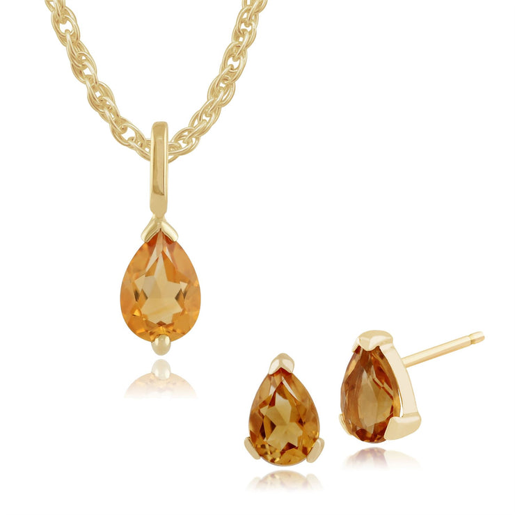 Pendentif et Boucles d'Oreilles Clou Classique Or Jaune 375 Citrine Poire