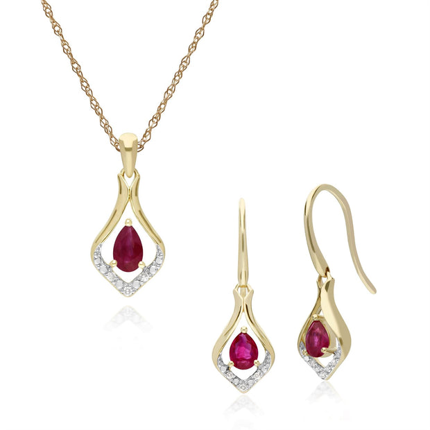 Boucles d'Oreilles Dormeuses et Pendentif Feuille Classique Or Jaune 375 Rubis et Diamant