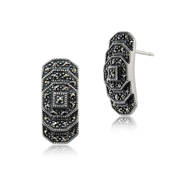 Boucles d'Oreilles Clou Style Art Déco Argent 925 Marcassite Rond