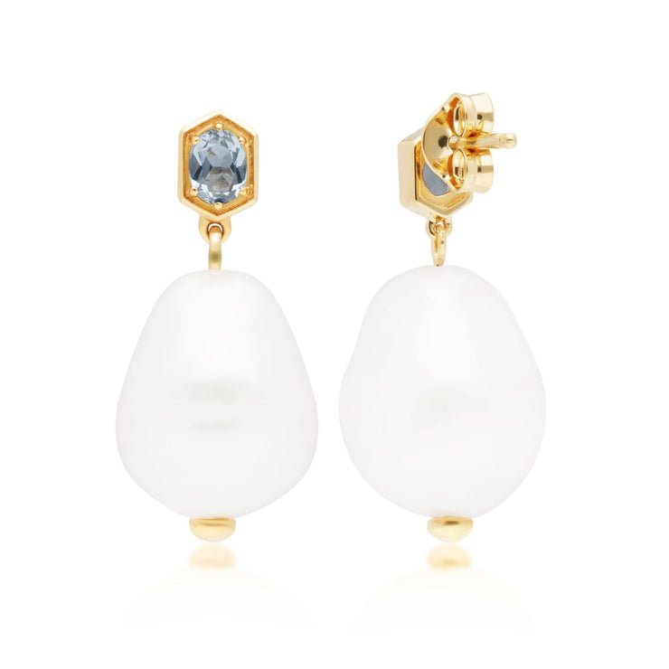 Boucles d'Oreilles Pendantes Moderne Argent 925 Plaqué Or Perle Baroque et Aigue-Marine