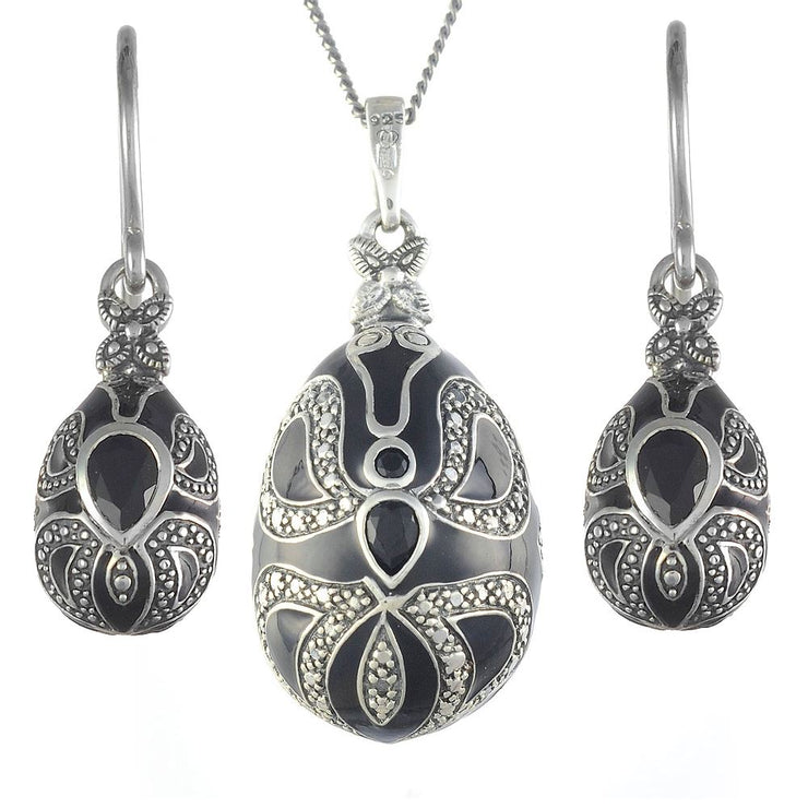 Collier et Boucles d'Oreilles Pendantes Style Art Nouveau Oeuf Fabergé Argent 925 Onyx Noire Poire