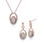 Pendentif et Boucles d'Oreilles Pendantes Classique Or Rose 375 Opale Ovale et Diamant