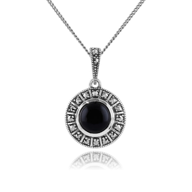 Pendentif Style Art Déco Argent 925 Onyx Ronde Noire et Marcassite