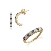 Bague Demi Eternité et Boucles d'Oreilles Demi-Créoles Or Jaune 375 Iolite et Diamant