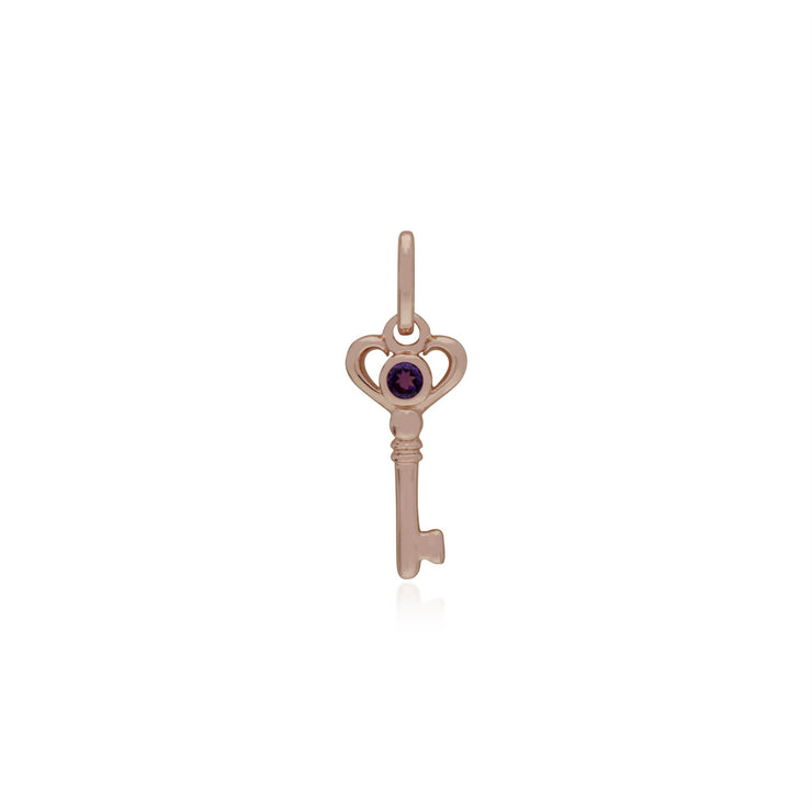 Pendentif Classique Cadenas Cœur Torsadé Argent 925 Plaqué Or Rose et Charms Clé Améthyste