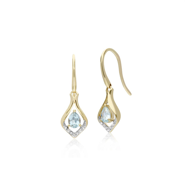 Aigue-Marine Boucles D'Oreilles, 9 CT or Jaune Aigue-Marine & Diamant Feuille Boucles D'Oreilles Goutte