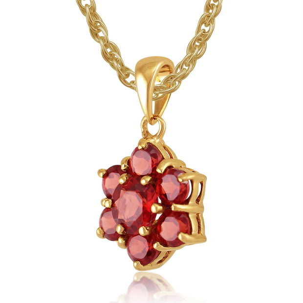 Pendentif et Boucles d'Oreilles Clou Floral Or Jaune 375 Grenat Rond Cluster
