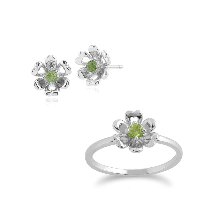 Bague et Boucles d'Oreilles Clou Marguerite Style Floral Argent 925 Péridot Rond